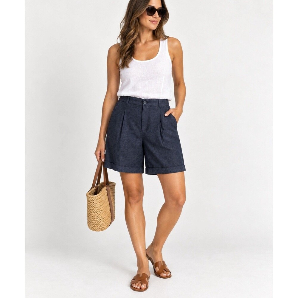 Garnet Hill 100% European Flax Linen Trouser Shorts Blue Size 6 Coastal Chic